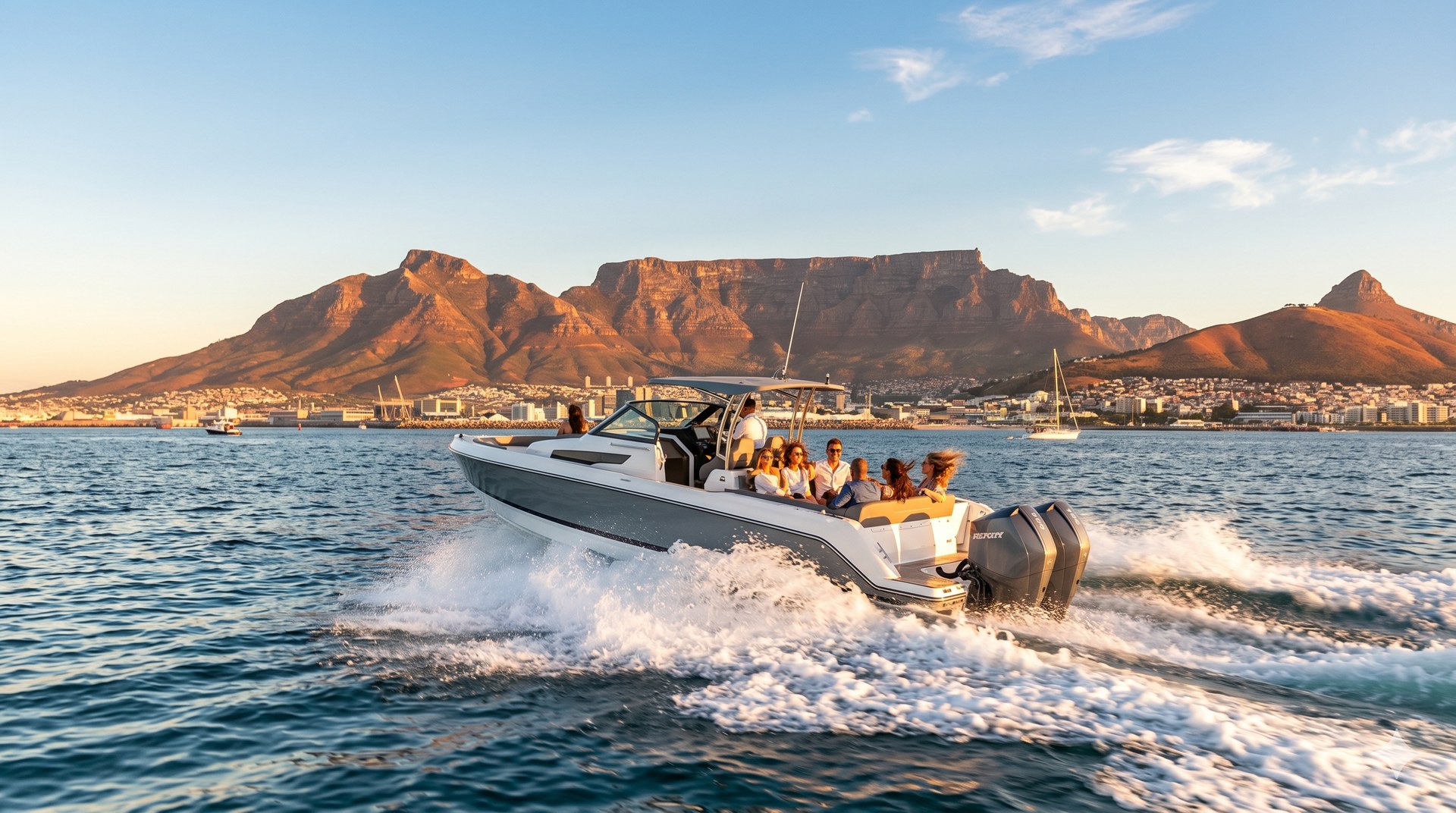Speedboat on Cape Town waters with Table Mountain